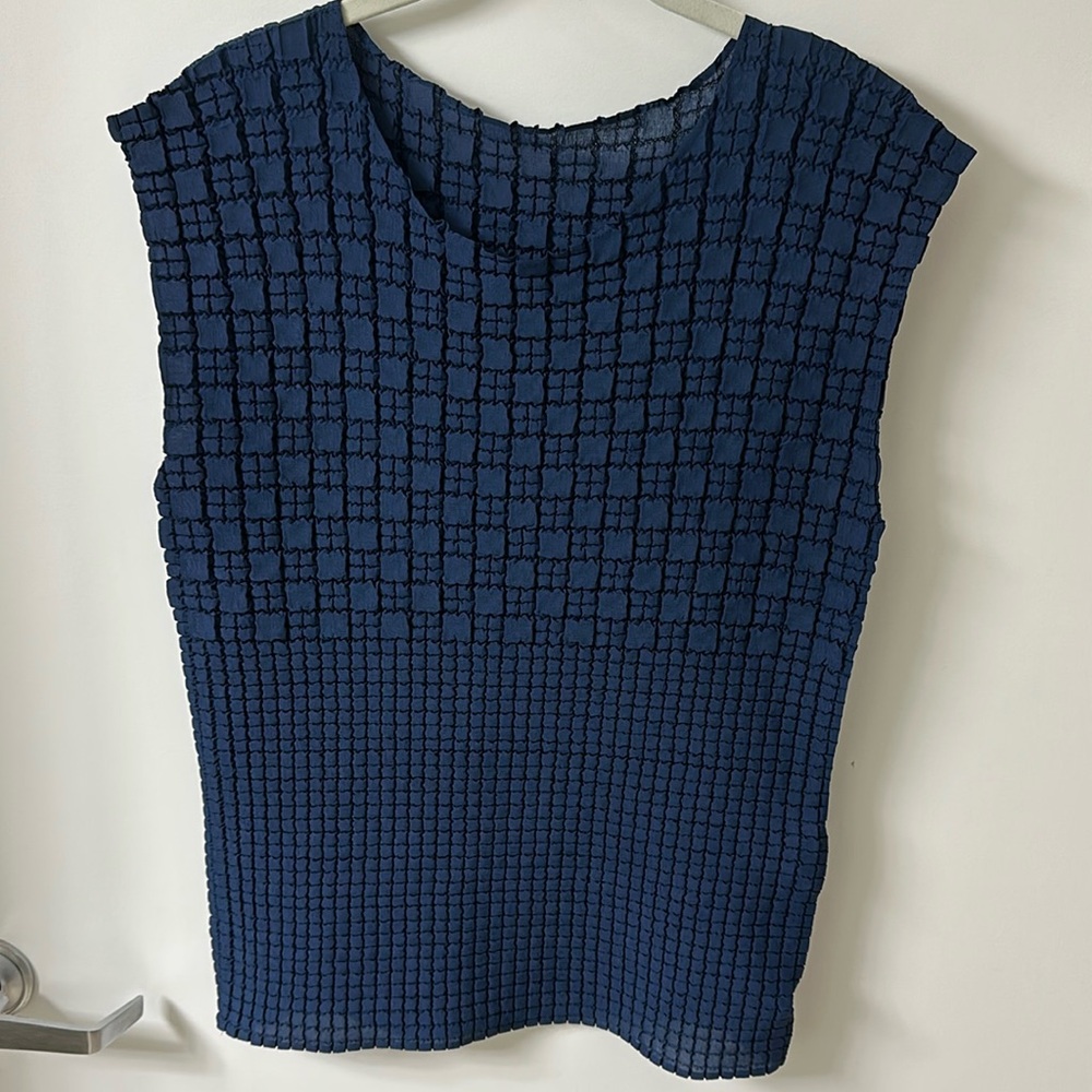 Issey Miyake Navy Blue Short Sleeve Top
